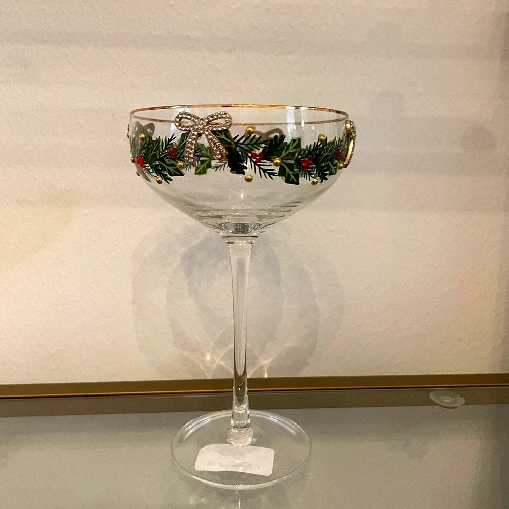 Christmas COUPE GLASSES Hand Painted & Jeweled Gold Bows Holly Garland Set of 2